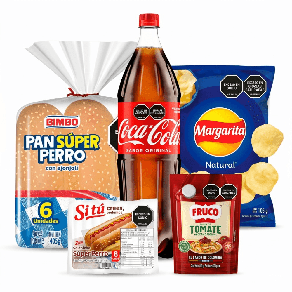 Combo mundialista 6 Salchicha ZENU súper perro x8und (640 gr)+Gaseosa COCA COLA original (1500 ml) +Papas MARGARITA naturales (105 gr)+Salsa de tomat img #1